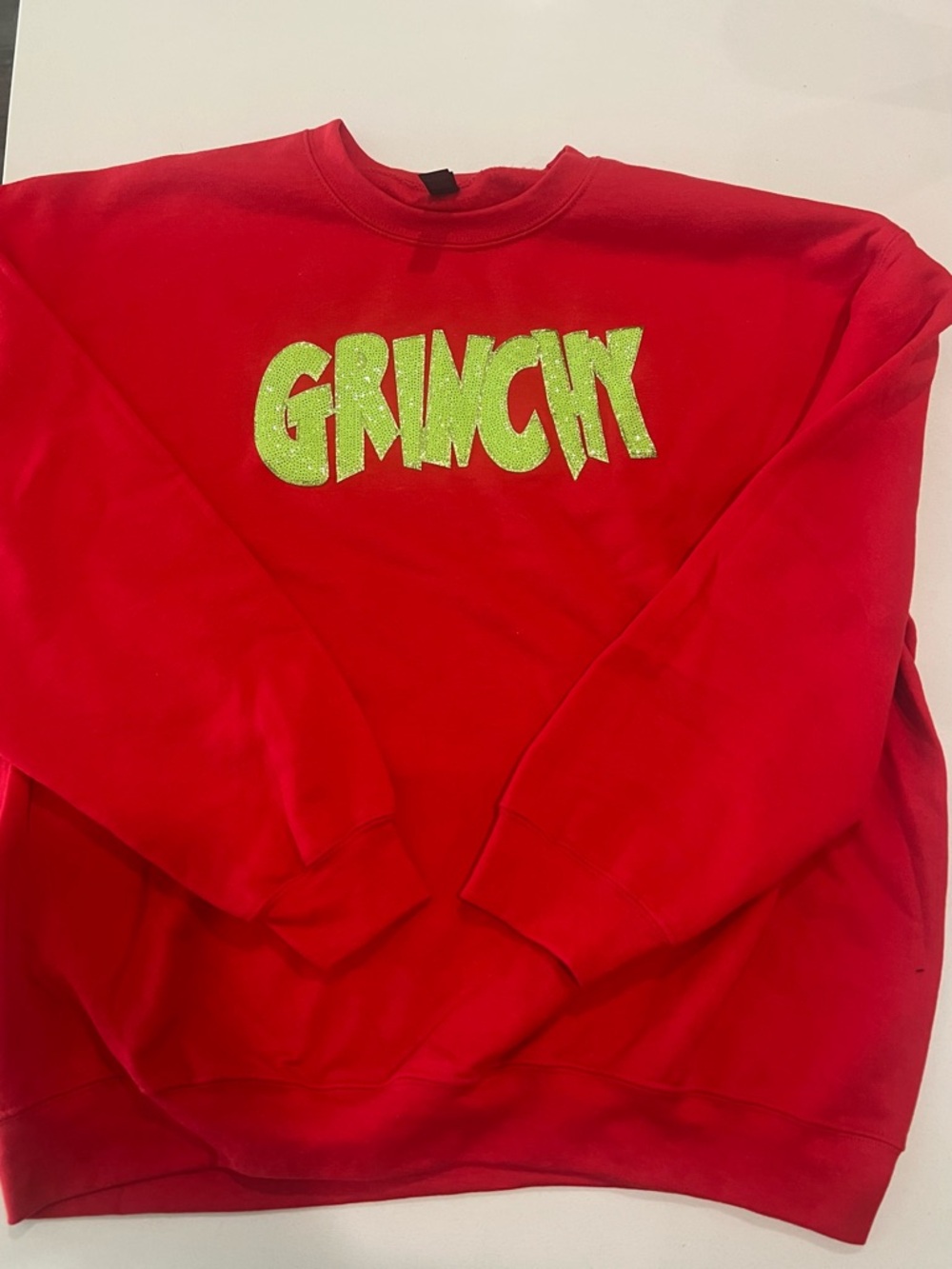Gildan Red Crewneck Sweater with Neon Green "GRINCHY" Graphic